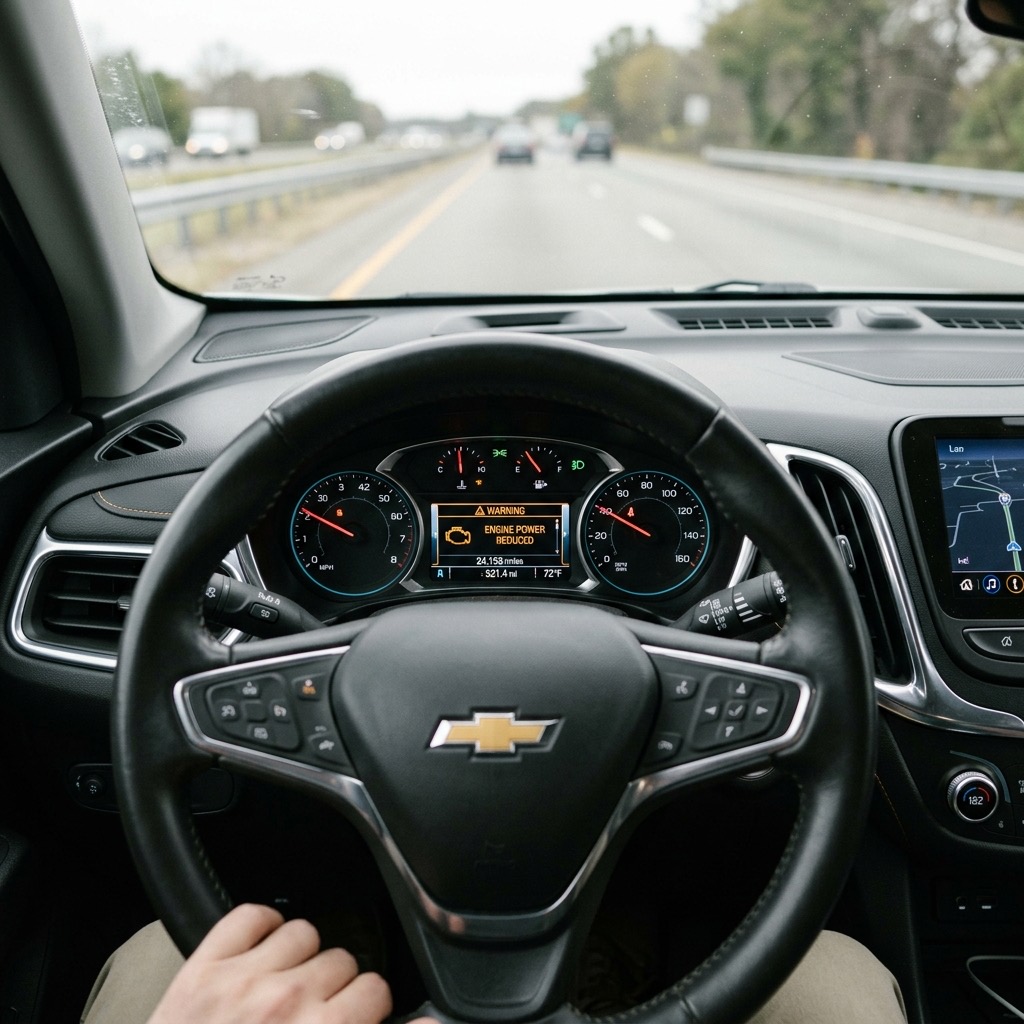 Representative Chevrolet Equinox dashboard showing an Engine Power Reduced warning on the instrument cluster