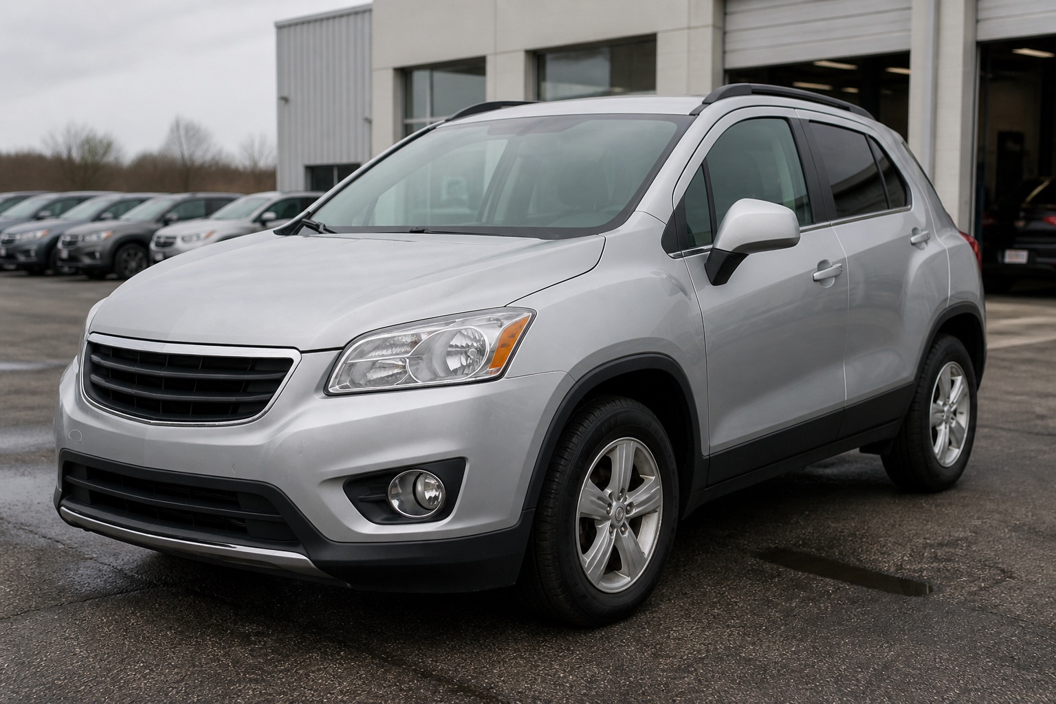 Representative silver early-2010s compact crossover parked outside a service building