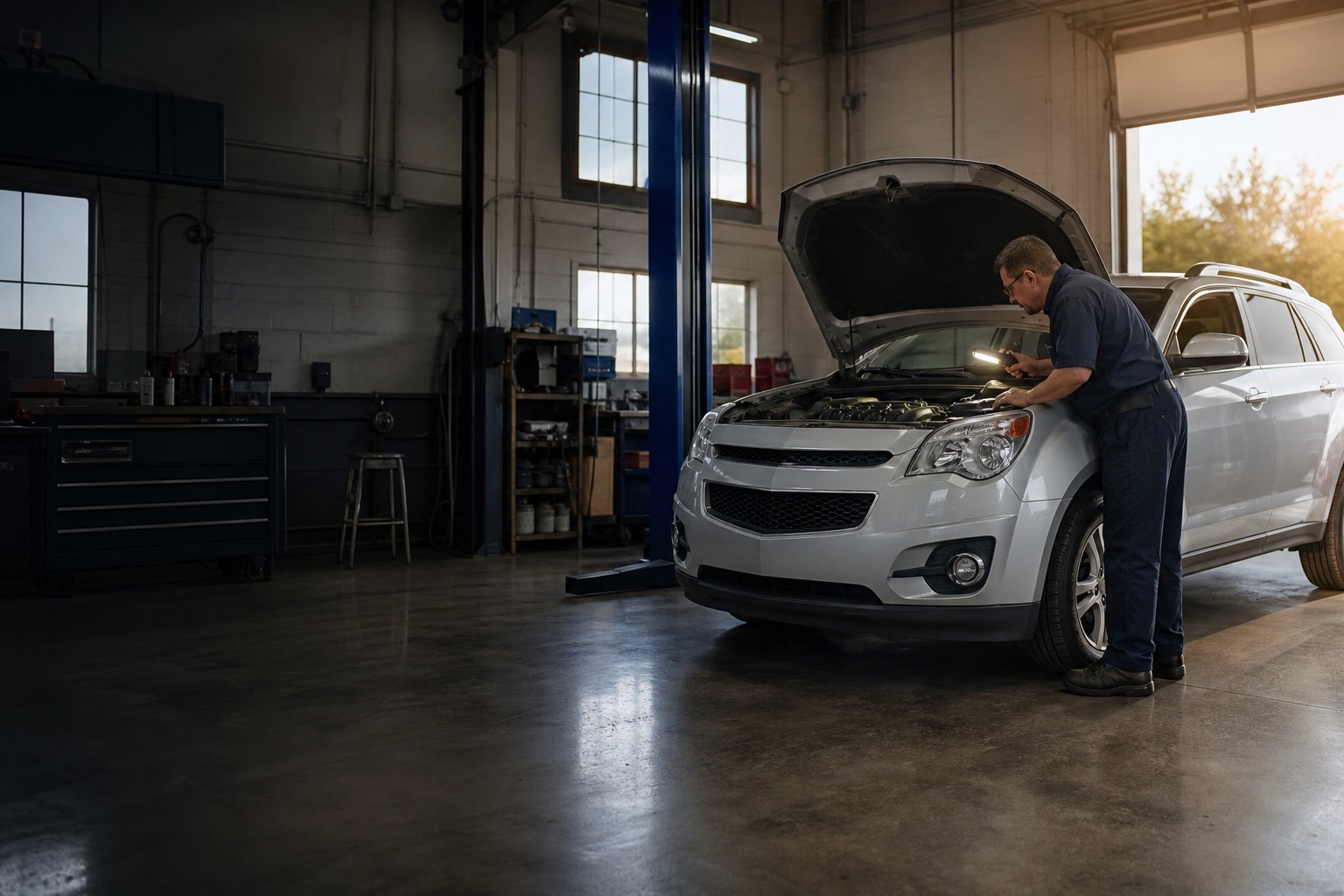 Representative early-2010s compact crossover being inspected in an independent repair shop